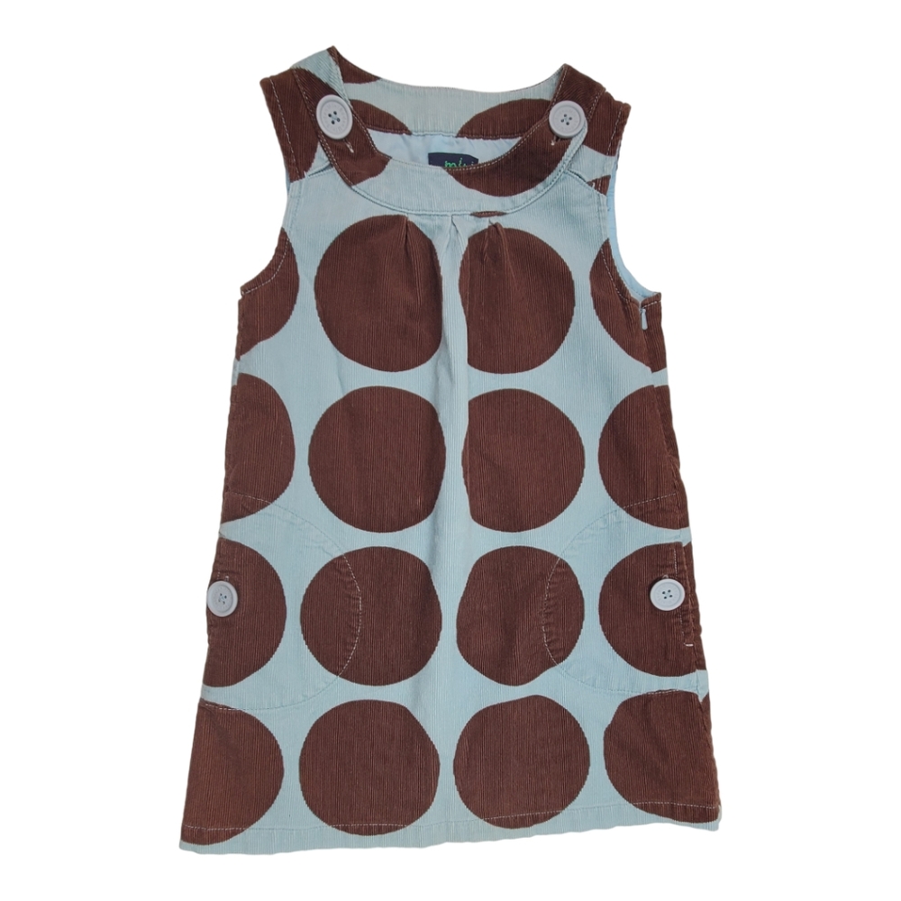 Mini Boden Blue & Brown Corduroy Polka Dot Pinnie Dress